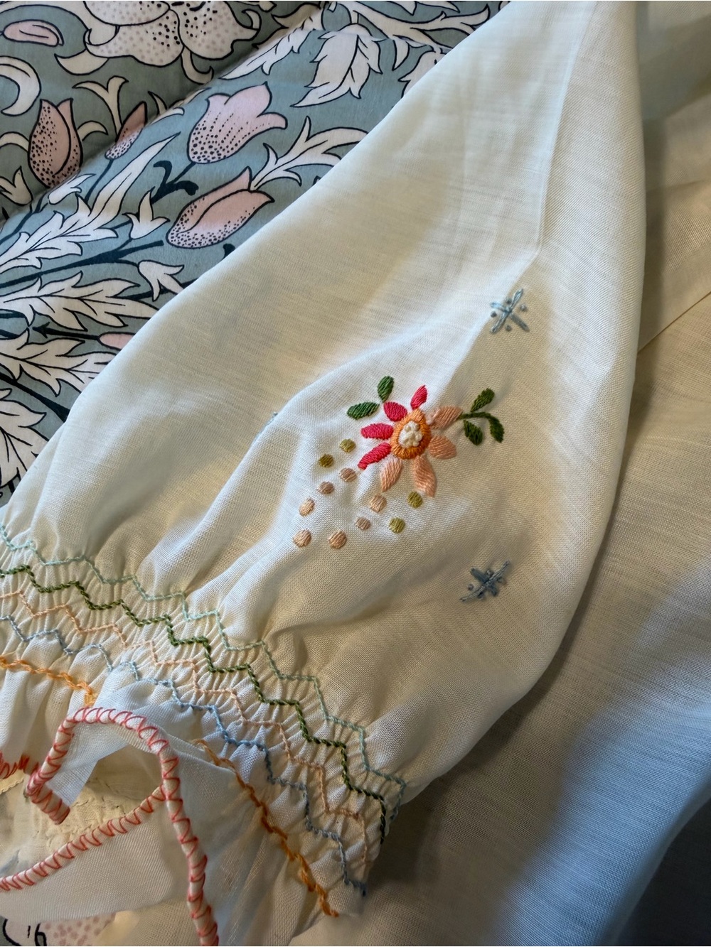 Handmade vintage Embroidered Ivory Peasant Blouse with Pastel Floral Detail - Picture 5 of 8